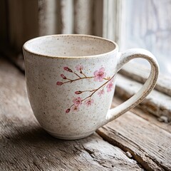 Decorated Ceramic Mug With Cherry Blossom Design On Wooden Surface