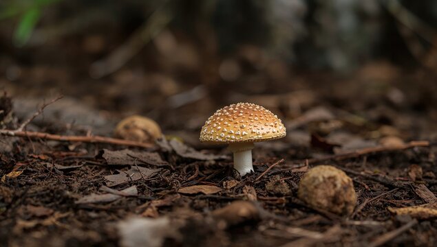 Rich earthy tones surrounding a toadstool in mulch, ideal for editorial header background