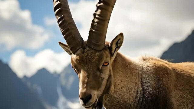 Majestic ibex gracefully surveys alpine peaks, symbolizing resilience and wild beauty high in the mountains, a captivating scene of nature's strength
