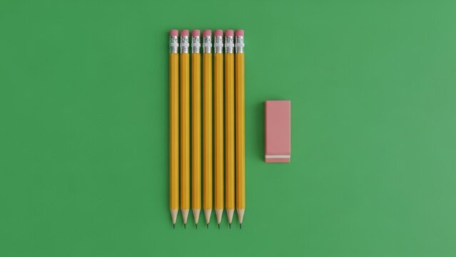 A neat row of sharpened yellow pencils with pink erasers alongside a single eraser on a green background.