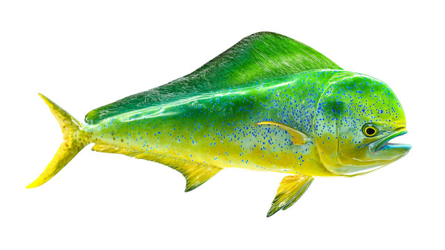 Vibrant mahi mahi dolphin fish with iridescent green and yellow scales swimming in deep blue ocean water