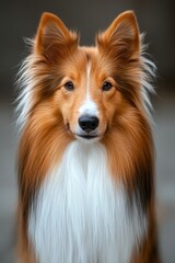 Charming Shetland Sheepdog with Intelligent Eyes and Calm Demeanor on a Soft Grey Backdrop