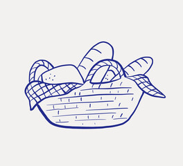 Bread basket drawing, whimsical baked product for picnic, doodle line illustration