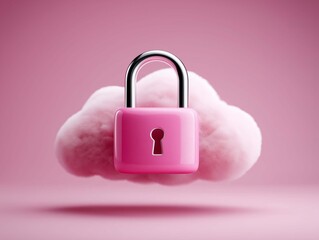 Cloud computing security concept with pink padlock and cloud on pink background