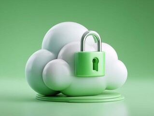 Cloud computing security concept with padlock and cloud on green background