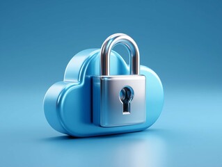 Cloud computing security concept with blue padlock and cloud on blue background