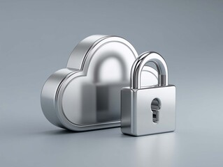 Cloud computing security concept with padlock and cloud on grey background