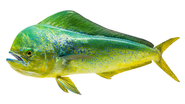 Vibrant mahi mahi dolphin fish displaying its bright green and yellow iridescent colors against a stark black background