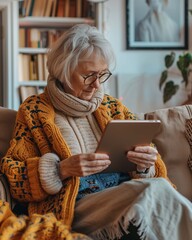 Senior woman using digital tablet while sitting on sofa in living room at home