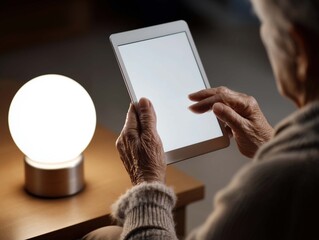 Elderly woman using a digital tablet at home in the evening