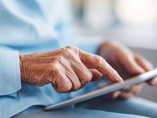 Elderly woman using digital tablet with blank screen at home.