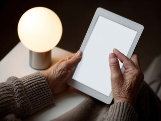 Elderly woman using digital tablet with blank screen at home.