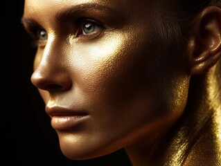 A close-up portrait of a woman with gold makeup and glitter on her face