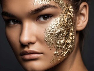 A close-up portrait of a woman with gold makeup and glitter on her face