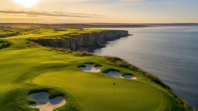 Aerial view of a dramatic coastal links golf course green and fairway bunkers line the cliff edge at sunset