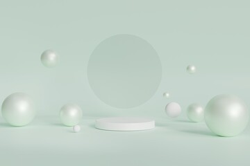 Minimalist Stage with Pedestal and Abstract Spheres on Pastel Green Background