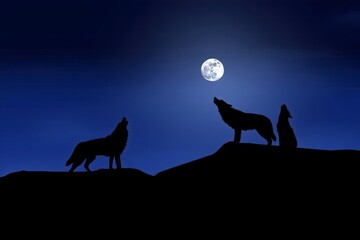 Wolf Pack Howling at Full Moon - Silhouette Wildlife Scene