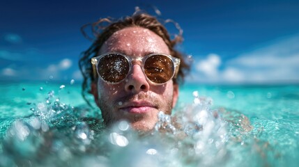 Naklejka premium A contemplative young man submerged in sparkling blue waters gazes toward the camera while bubbles surround him, capturing a moment of introspection and connection with nature.