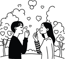 Young couple cartoon illustration drawing romance, two people vector art dating and drinking coffee