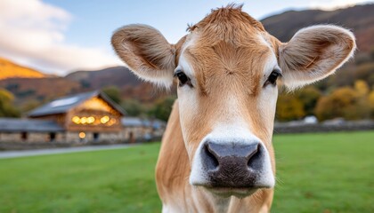 A Peaceful Encounter with Red Devon Cattle Grazing in Lush Pastures Under a Clear Blue Sky