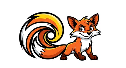 Obraz premium Cartoon orange fox with swirly tail, illustration for logo or mascot, isolated on white background