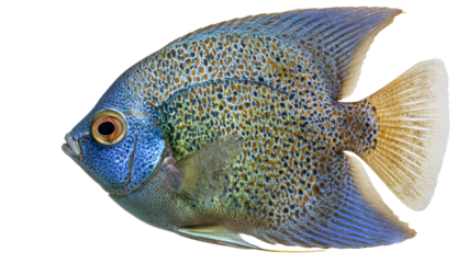 A vibrant blue angelfish with intricate speckles and golden fins swims gracefully against a stark black background showcasing its elegant form and aquatic beauty