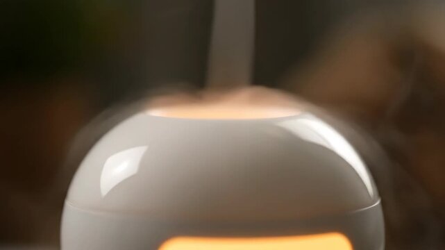 Aroma diffuser glows, creating a calming mood in a dark setting.