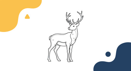 Fototapeta premium Elegant line art illustration of a majestic deer with large antlers against a minimal background with abstract color shapes.