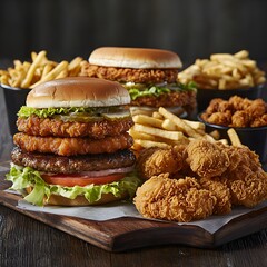 Photo of a fast food feast including burgers, fries, fried chicken, and fresh lettuce