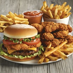 Photo of a fast food feast including burgers, fries, fried chicken, and fresh lettuce