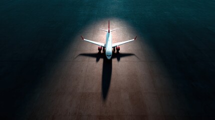 Fototapeta premium An airplane stands poised on the tarmac, casting a striking silhouette in soft lighting, symbolizing travel, adventure, and the anticipation of journeys yet to come.