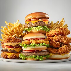 Photo of a fast food feast including burgers, fries, fried chicken, and fresh lettuce