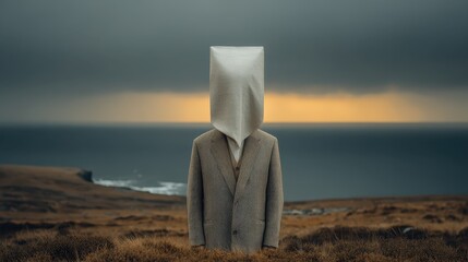 A surreal representation of a figure shrouded in mystery stands in a vast landscape, highlighting themes of anonymity, identity, and existential contemplation against nature's backdrop.