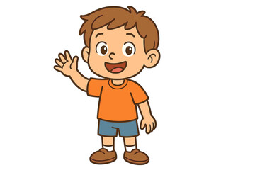 Obraz premium Cheerful young boy standing and waving his hand in a friendly greeting gesture