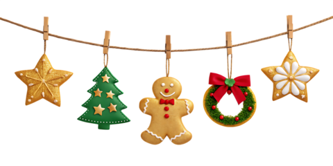 Christmas ornaments hanging on a string isolated on transparent background