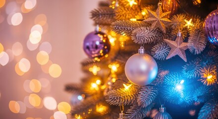 Closeup of a decorated christmas tree with glowing warm lights and shiny ornaments creating a festive bokeh effect