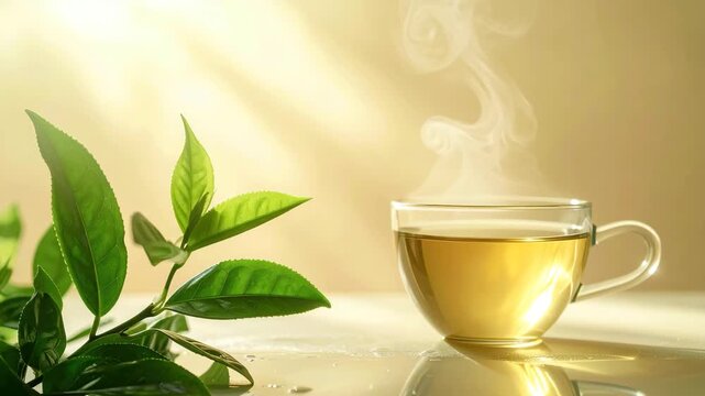 Cup of tea with green leaf warm beverage tea served in cup single green leaf floats on surface