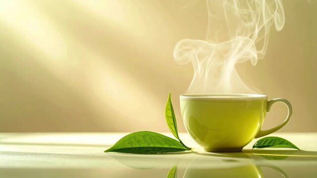 Cup of tea with green leaf detail warm beverage in cup featuring delicate green leaf floating on surface inviting relaxation
