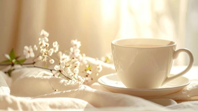 Cup and saucer on table with white cloth elegant presentation of cup and saucer resting on table adorned with pristine white cloth