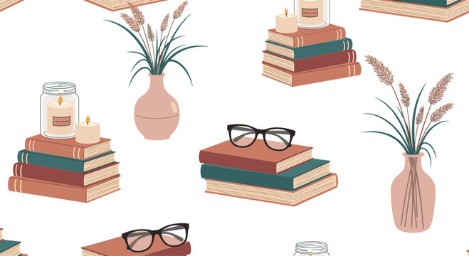 Cozy and aesthetic seamless pattern with stacks of books candles glasses and vases for book lovers and reading themes. - Powered by Adobe