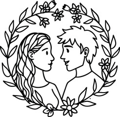 Vector illustration of a young couple silhouette kissing with heart design for Valentine's love and wedding