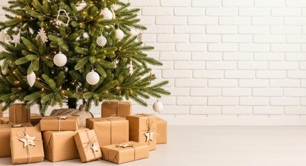 A beautifully decorated christmas tree with many wrapped presents underneath against a white brick wall background