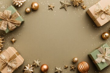 Festive flat lay of golden Christmas presents, ornaments, pine branches, and holiday decor on a beige background with copy space.
