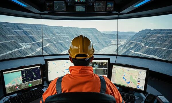 Operator in advanced control room overseeing vast open-pit mining operation