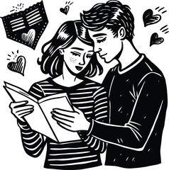 Smiling young couple together reading a book on a bench