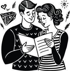 Cartoon vector illustration of a young smiling couple reading a book with their child for family love and education