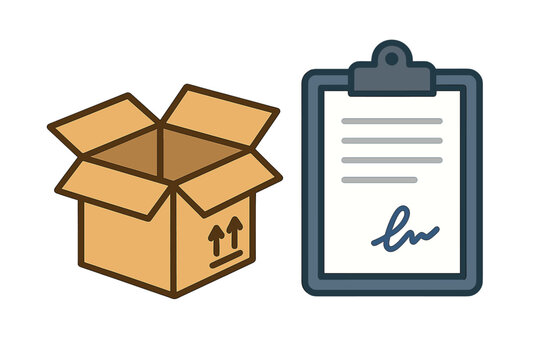 Open cardboard shipping box and signed delivery confirmation document on a clipboard