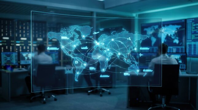Global Coordination Concept: Supply chain logistics flow on digital world map in operations center