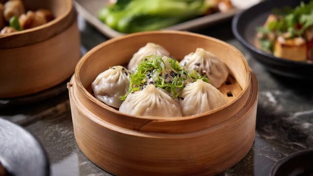 Traditional Chinese steamed soup dumplings Xiao Long Bao presented in a round bamboo steamer basket on a dark table Topp