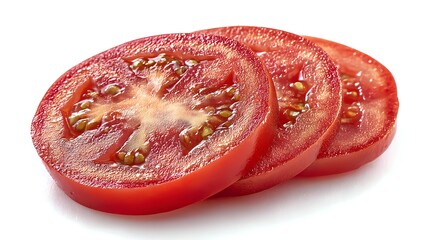 Fresh sliced red tomato rounds showing juicy interior with seeds, ideal for culinary use in salads, sandwiches, and cooking.